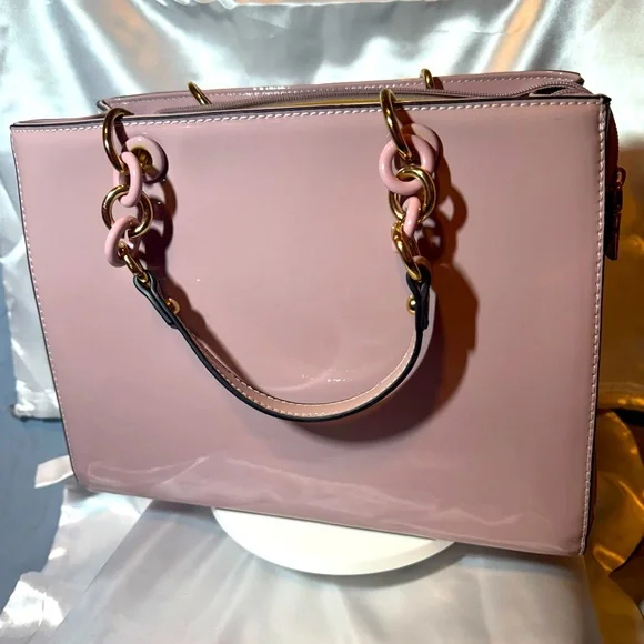 Blush Pink Patent Leather Structured Bag WGold-Tone handles & og Crossbody Strap - Picture 2 of 9